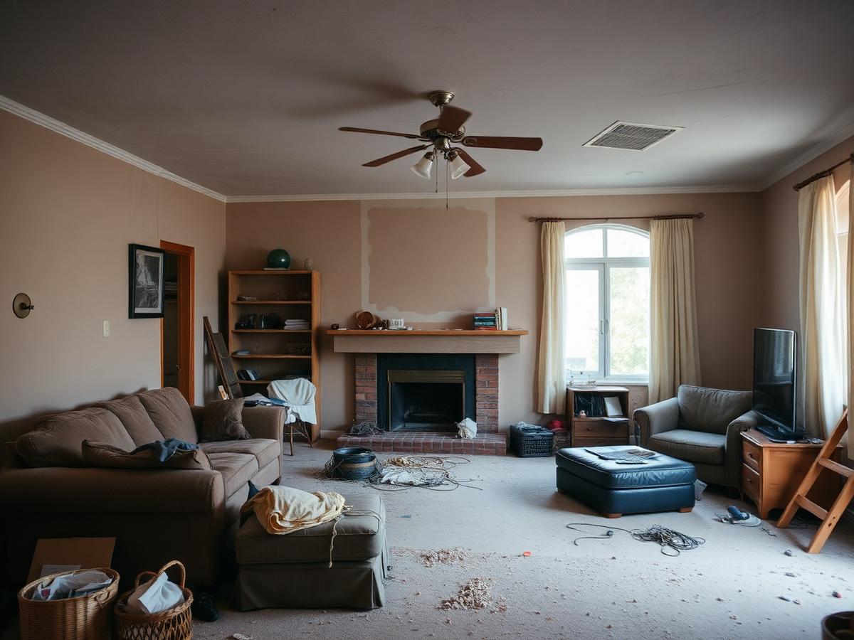 Living room before cleaning, covered in construction dust